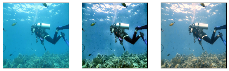 An underwater photo of a diver: raw input, reference and the model's enhanced output