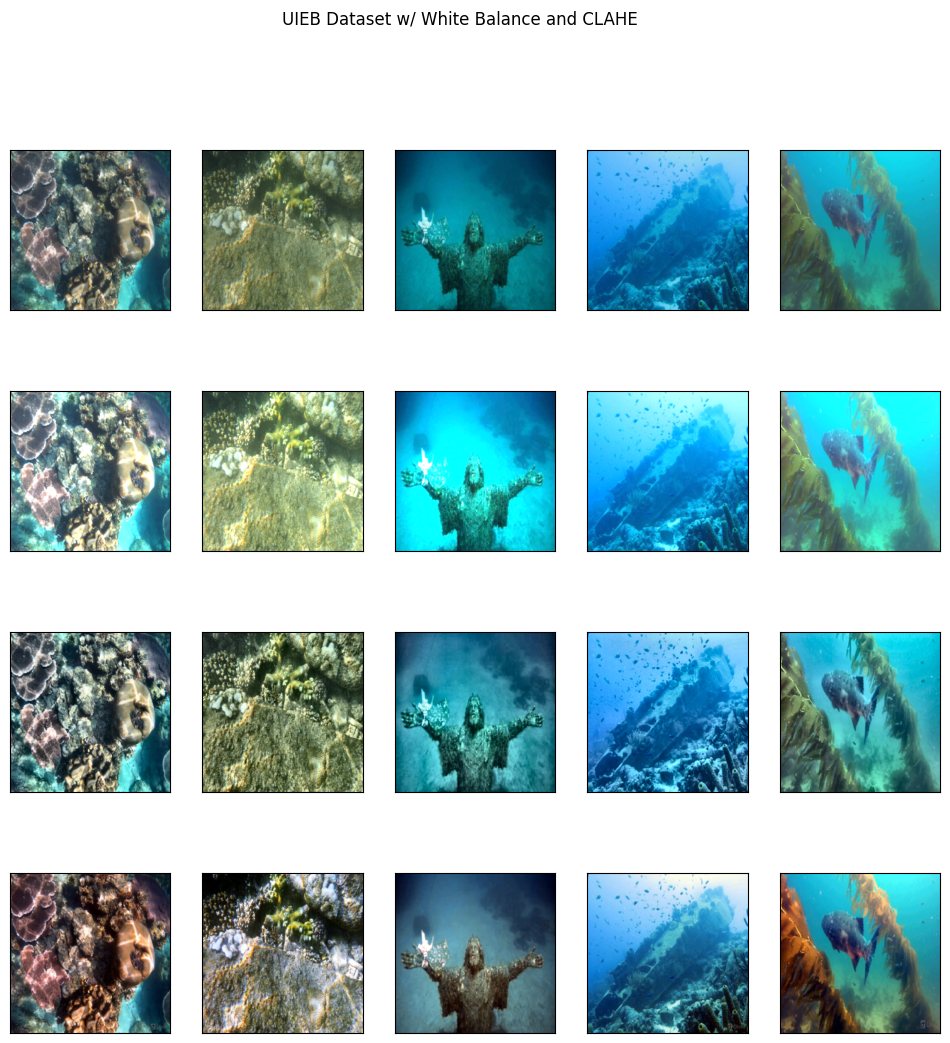 Grid of underwater images: raw, white-balanced, contrast-enhanced and reference versions