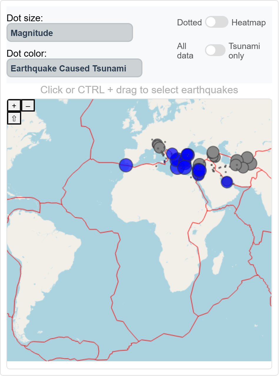 World map with tectonic plate boundaries, showing only the earthquakes selected in the timeline